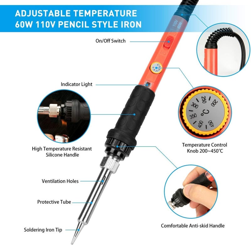 Q-MING Soldering Iron Kit, 60W Soldering Iron with Ceramic Heater, 5-in-1 Adjustable Temperature Soldering Welding Iron Kit for any Hobby Enthusiast - Image 2
