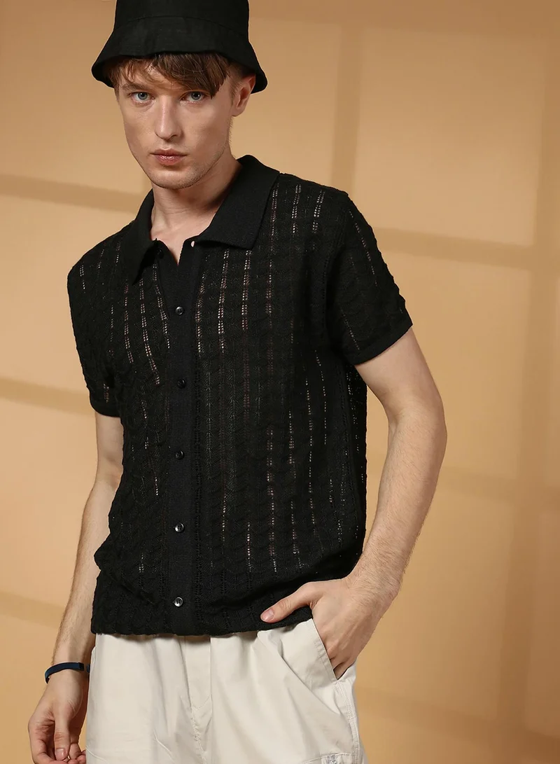 Campus Sutra Men's Onyx Black Spear-Knit Slim-Fit Shirt