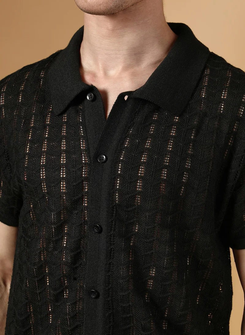 CAHOOT  Men's Onyx Black Spear-Knit Slim-Fit Shirt for Men | Best Price UAE