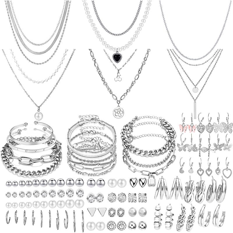 NEWITIN 69 Pieces Silver Jewelry Set for Women Fashion Costume Jewelry Silver Plated Necklace Bracelet Earrings Set for Women - Image 1