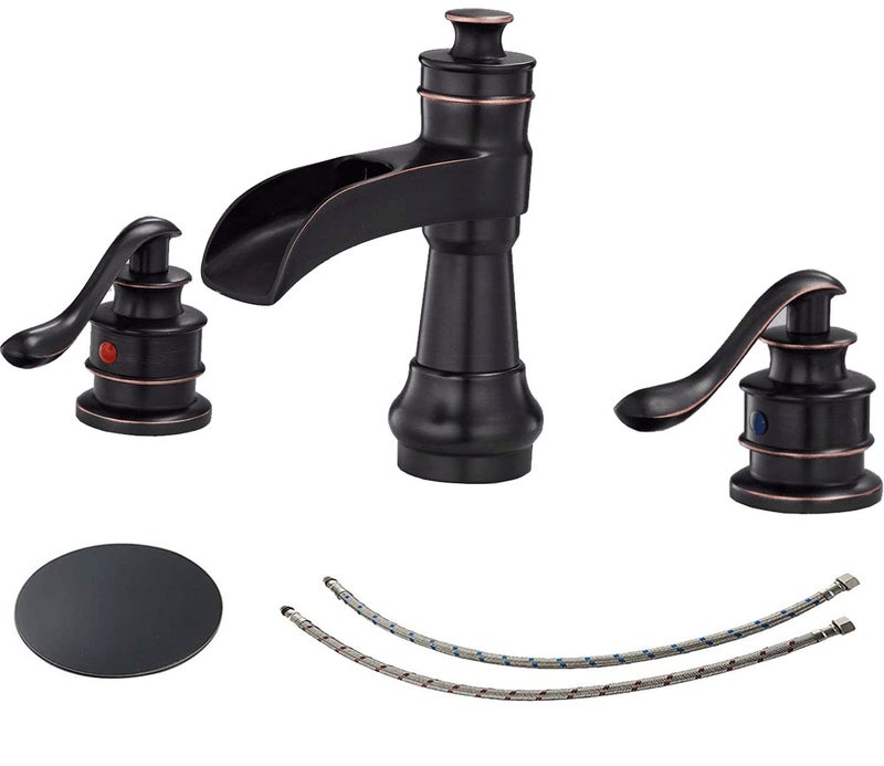 Bathfinesse Two Handle 8 Inch 3 Hole Widespread Bathroom Sink Faucet Oil Rubbed Bronze Farmhouse Waterfall with Pop Up Drain Stopper Assembly Vanity Commercial Supply Lines Hose LeadFree Mixer Tap