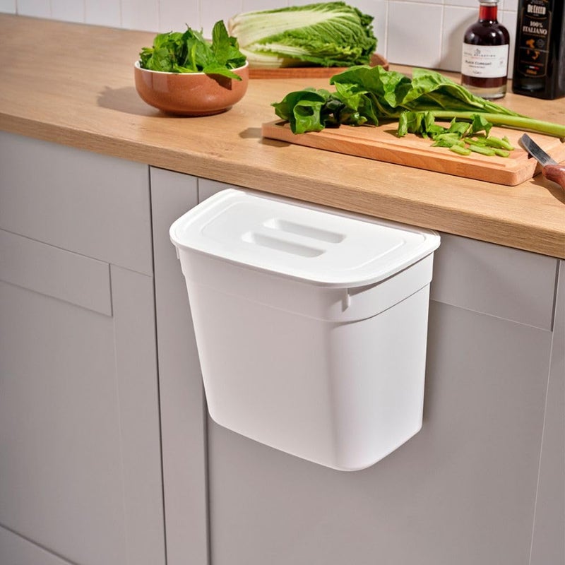 Hanging Kitchen Dustbin Bucket with Lid, 7 Liter Capacity, Space-Saving Waste Bin for Cabinet Doors, Compact Garbage Container,27.8 x 17.8 x 23.3 cm. (White) - Image 1