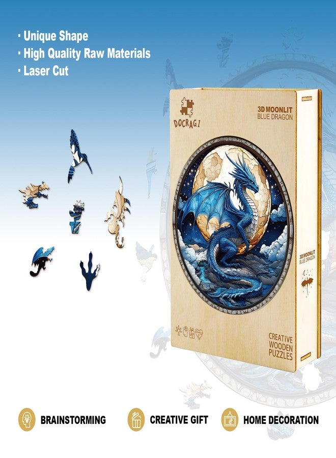 DOCRAGI Wooden Puzzles for Adults - Moonlit Blue Dragon Wooden Jigsaw Puzzle - Unique Shape 3D Vision Wood Puzzles Adult - Christmas Birthday Gifts for Adults/Friends/Family - 100pcs 8.5 * 8.5in - Image 5