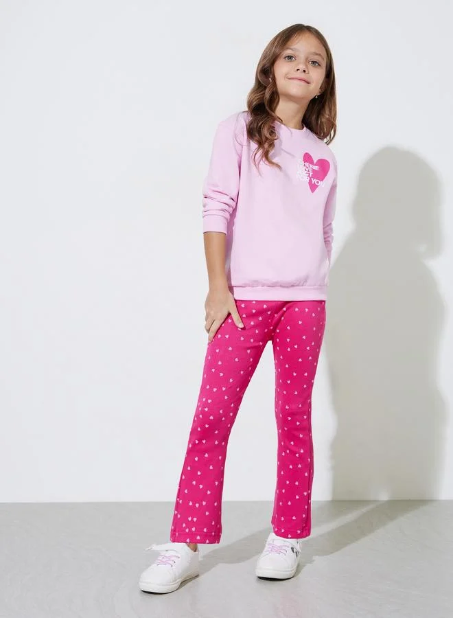 Styli Girls Pink Heart Print Oversized Sweatshirt and Leggings Set