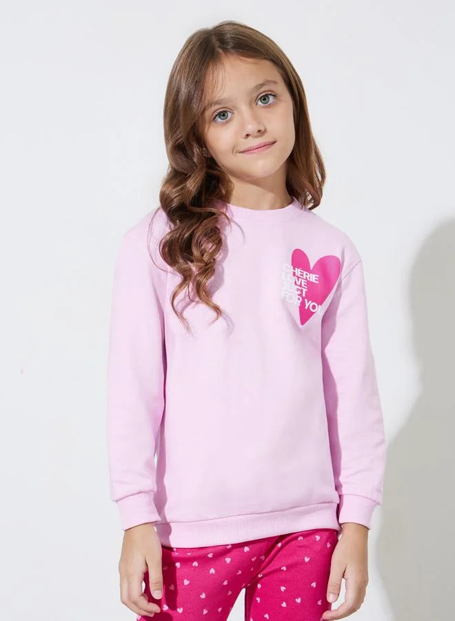 Styli Girls Pink Heart Print Oversized Sweatshirt and Leggings Set