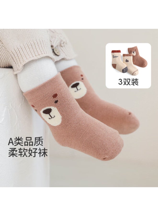 Shubeiyi 3 Pairs Baby Socks Autumn Winter Thickened Fleece Cartoon Mid-calf Socks Brown 1-3 Years
