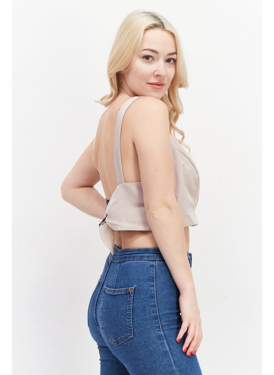 Miss Selfridge - Women V-Neck Sleeveless Plain Crop Top, Light Pink - Image 1
