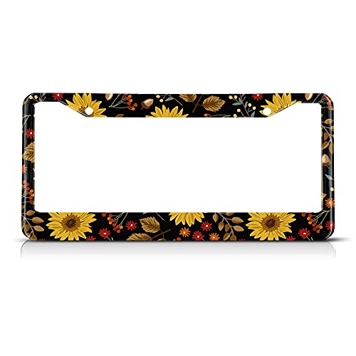 Beabes Autumn Sunflowers License Plate Frame Vintage Floral License Plate Holder Maple Leaves Daisy Car Tag Frame License Plate Car Accessories 2 Holes Novelty Auto Car Tag Vanity Present - Image 1