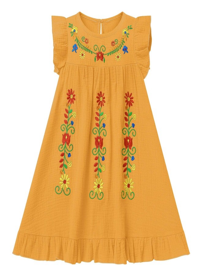 ODIZLI Mexican Dress for Girls Traditional Cinco de Mayo Fiesta Dress for Girls Folk Ruffle Mexican Ethnic Embroidered Floral Dresses Sleeveless Toddler Kids Vestidos Tipicos Mexicanos Yellow 18-24 Months - Image 1