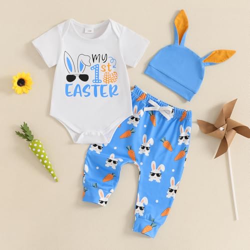 Fuethsuy My 1st Easter Newborn Baby Boy Clothes Letter Rabbit Print Crewneck Romper Carrot Bunny Pants Set 3Pcs Spring Outfit Blue 03 Months - Image 3