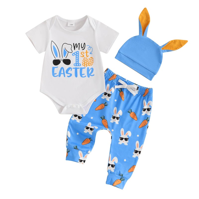 Fuethsuy My 1st Easter Newborn Baby Boy Clothes Letter Rabbit Print Crewneck Romper Carrot Bunny Pants Set 3Pcs Spring Outfit Blue 03 Months - Image 2