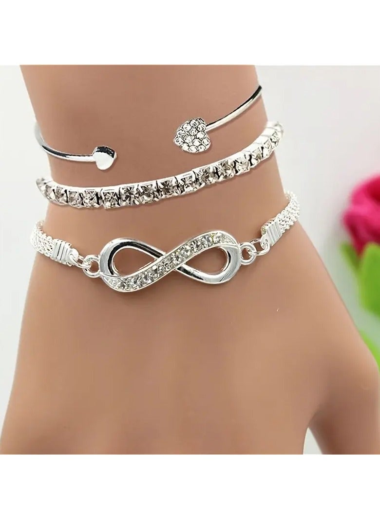 Home Clearance Sale 3pcs Vintage Elegant Jewelry Set, Infinity & Heart Open Cuff Bracelets with Rhinestone Accents, Alloy, Perfect for Daily Wear & Parties, Anniversary & Birthday Gift for Women - Image 1