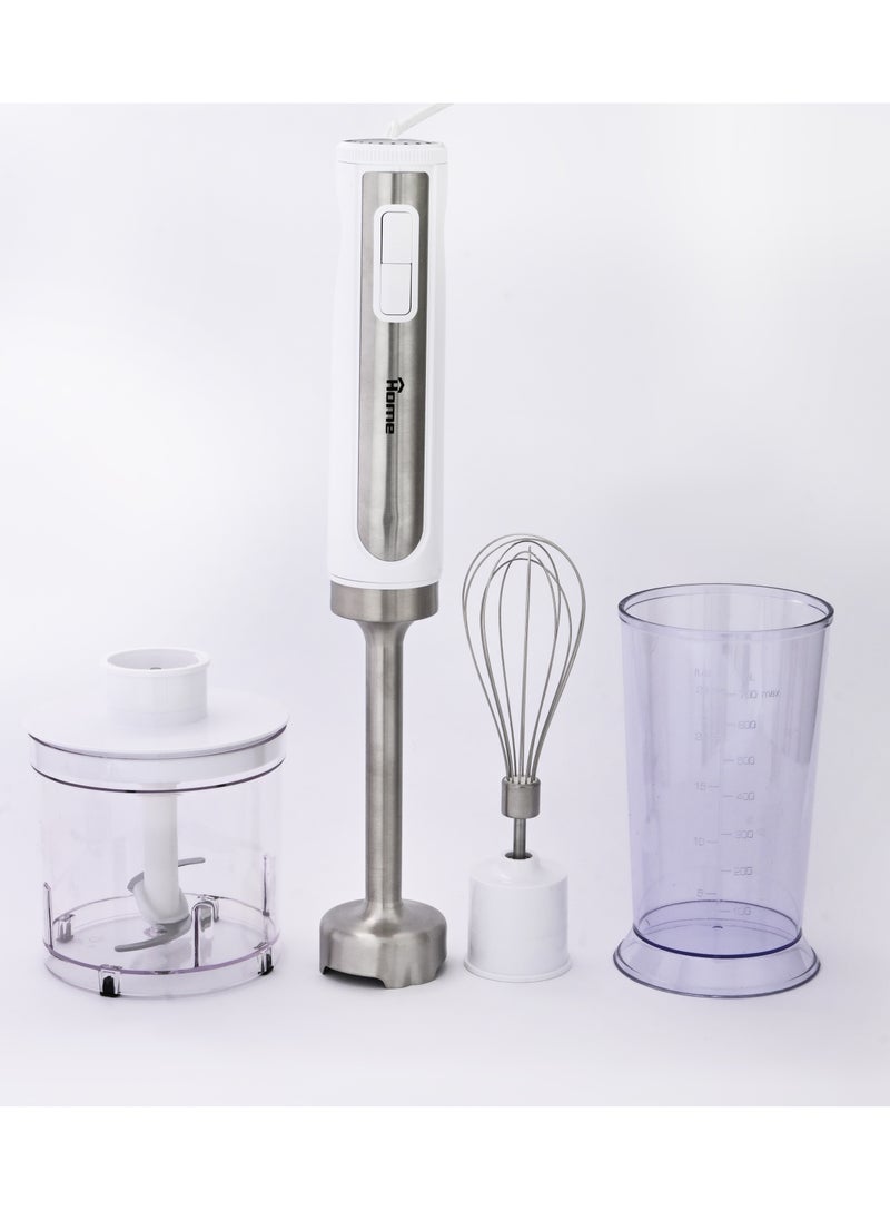 Home - Hand blender Power: 800 watts-220V-50 Hz. Variation of operating speeds can be controlled. The mixer is detachable. Equipped with a sharp stainless steel blade. It is characterized by a powerful motor and makes no noise. Mincer capacity: 500 ml. The capacity of the cup is 700 ml. Equipped with a whisk racket. - Image 1