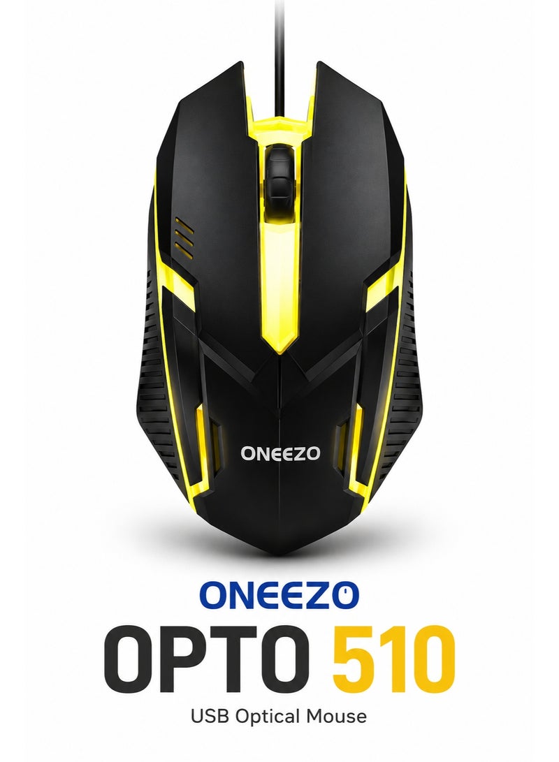 ONEEZO USB Optical Mouse Wired Ergonomic Mouse With 1200 DPI, 3 Buttons + Scroll Wheel, 7 Colors Breathing Light, Plug & Play For Laptop & Desktop - Black/Yellow- OPTO 510 - Image 1