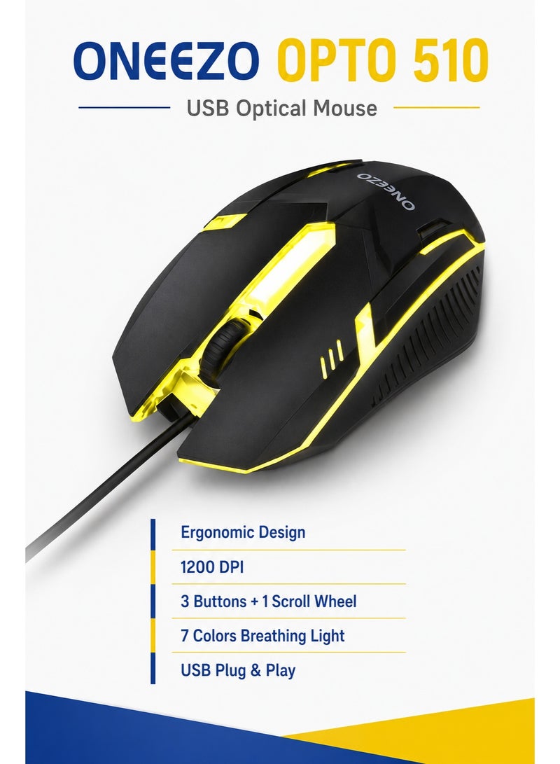 ONEEZO USB Optical Mouse Wired Ergonomic Mouse With 1200 DPI, 3 Buttons + Scroll Wheel, 7 Colors Breathing Light, Plug & Play For Laptop & Desktop - Black/Yellow- OPTO 510 - Image 2