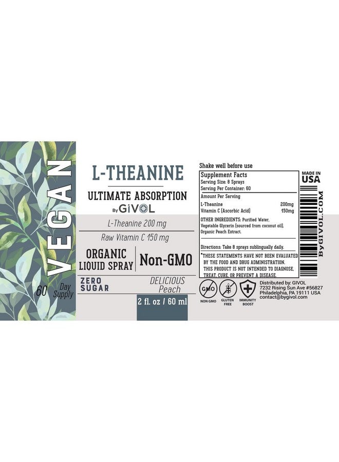 GIVOL GIVOL 200mg L-Theanine & 150mg Vitamin C Liquid Spray for Kids & Adults - Real Peach Extract Flavor - Non-GMO, Gluten Free, Sugar Free, Alcohol Free, All Natural - 2 Fl Oz 60 Days Supply  - Image 3