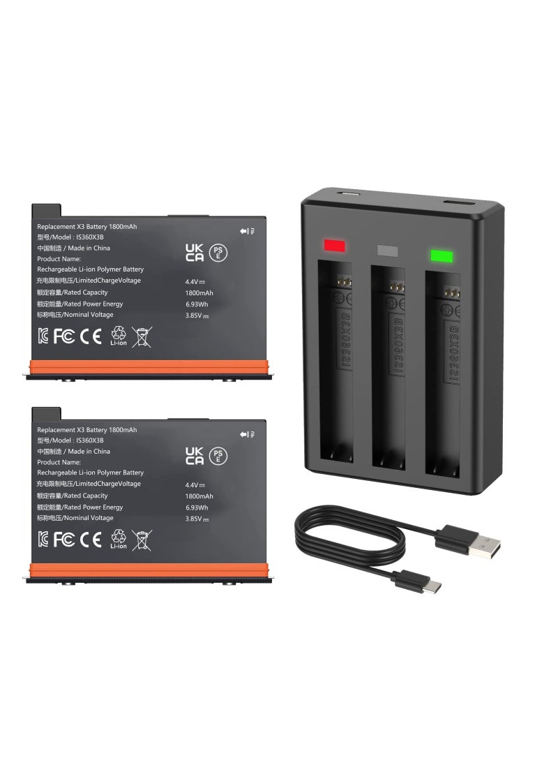 KASTWAVE - 2 Packs Replacement for Insta 360 x3 Battery 1800mAh and Battery 3-Channel Fast Charge Hub Compatible with Insta 360 x3 Accessories High Capacity Electric Core (Fully Compatible with Original) - Image 1