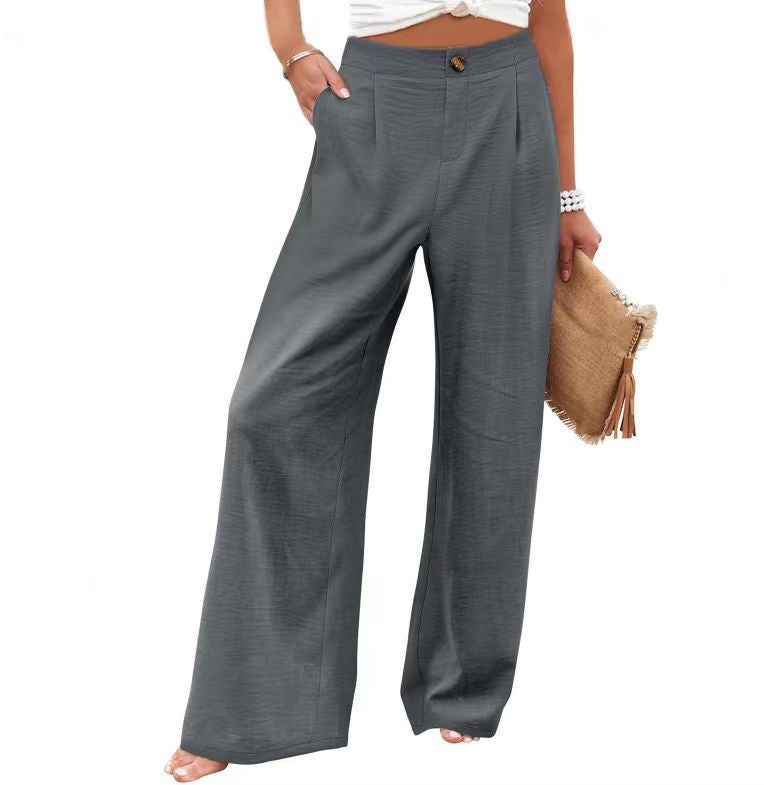 2024 cross-border Amazon European and American summer comfortable high waist trousers button elastic waist wide leg pants womens casual straight pants dark gray