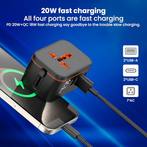 MAK 5 IN1 USB Universal Travel 20W Adapter International All in One Worldwide Travel Multi Plug Converter Adapter, Wall Charger with Build in Dual USB Charger with Multi Type Power Outlet for US EU UK - Image 4