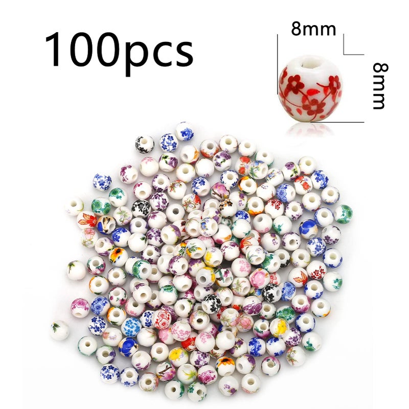 Herzwild 100Pcs Flower Ceramic Beads Craft Beads Threading Ball Bracelets Beads Colorful Beads Set Chinese Porcelain Beads For Diy Schmuck Arts Crafts Necklace Bangle (8Mm) - Image 2