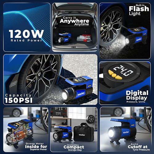 Woscher BoltAir Digital Tyre Inflator for Car and Bike | 12V DC Fast Inflation 150 psi | Strong Metal Body with Emergency LED Light,Heavy Duty Zipper Bag - Image 2