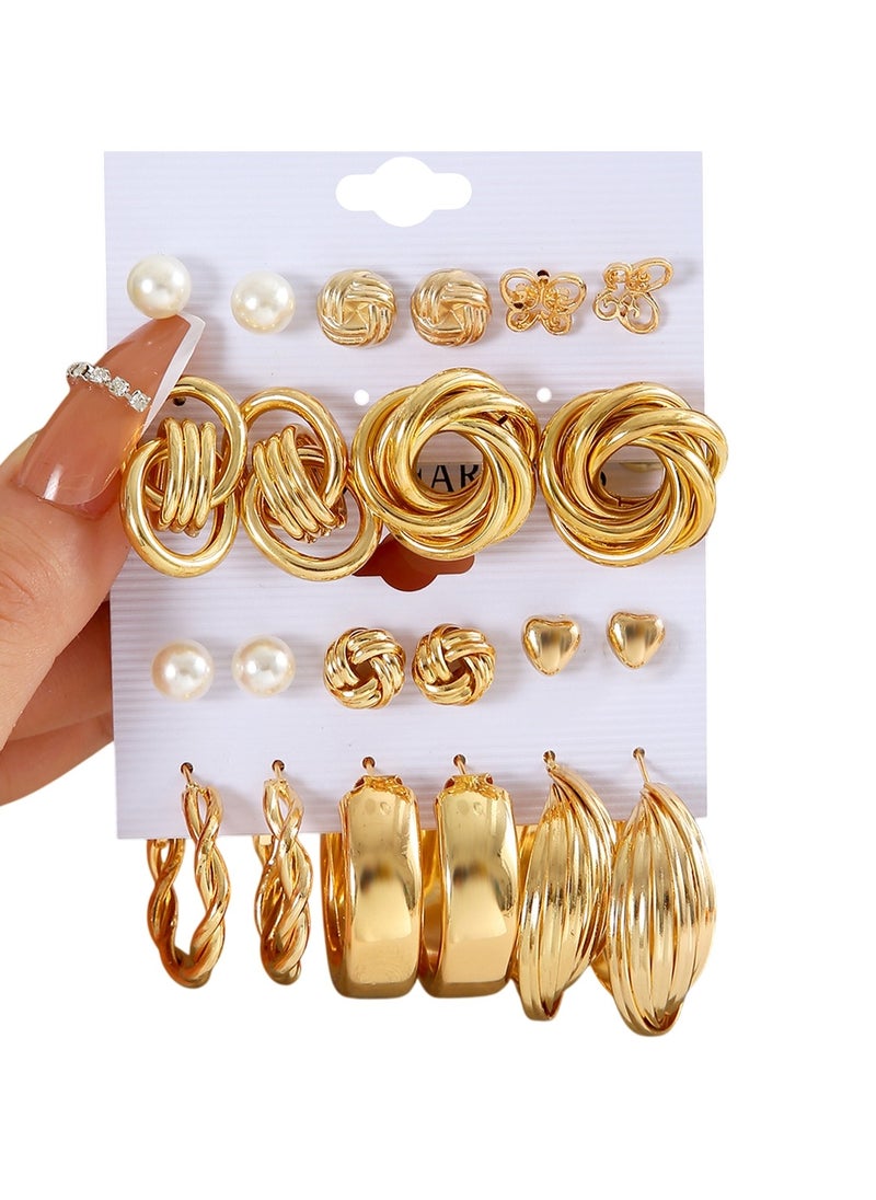 Huitich 11 Pairs Gold Colour Tone Stud & Hoop Earrings Set Elegant Jewelry Collection  - Image 1