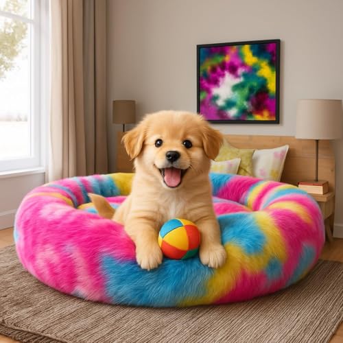 RoverPets Cozy Donut Cuddler Pet Bed for Cats & Dogs – Anti-Anxiety Soft Plush Bed with Faux Fur for Small to Medium Pets – Warm, Round Fluffy Nest (19 Inch – Small) - Image 1