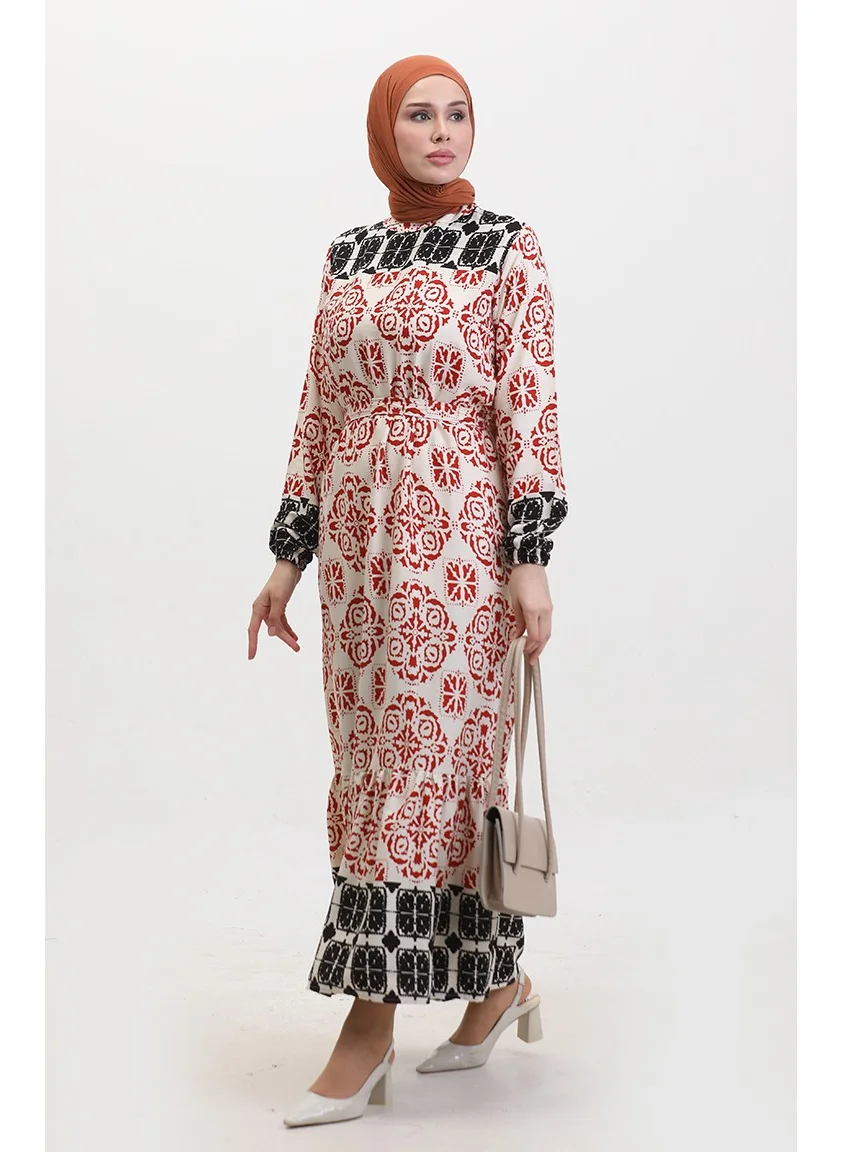 Sefa Merve Patterned Belted Viscose Dress 0379-05 Brick