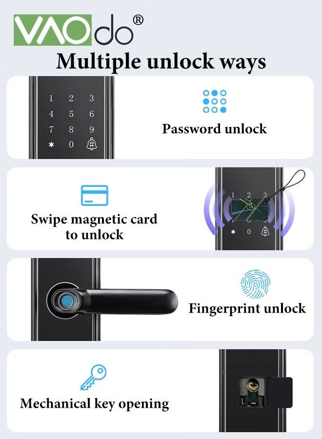 VAOdo Fingerprint Smart Door Lock with Handle & Keypad, No More Lost Keys, for Home, Use Magnetic Card Fingerprint Password or Key to Unlock, Kids, Airbnb & Rental Property - Image 4