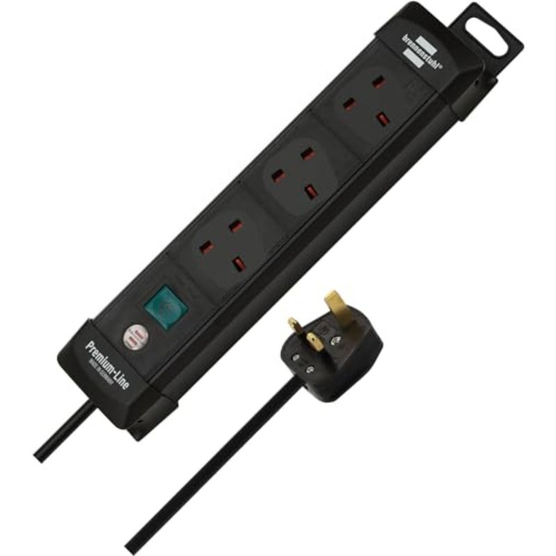 Premium-Line, 3-way extension lead in black colour with with 3 m cable and On/Off switch, Made in Germany - Image 1