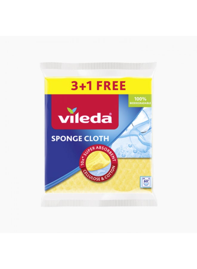 Vileda Sponge Cloth, 100% Natural Cellulose & Cotton, Super Absorbent, Quick-Drying, Streak-Free Kitchen & Surface Wipes – Value Pack 3+1 (Extra Free) | Ideal for wiping spills, countertops, sinks