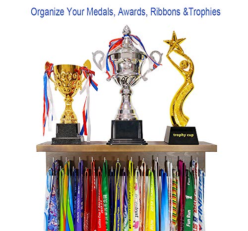 Qktxktzy Medal Hanger Trophy Shelf Display Sport Awards. Sturdy Medal Holders for Gymnastics Basketball Soccer Honors Wall Mount Rack, Perfect All-in-1 Wood Shelf by 25 Pcs Steel Hooks. (Brown) - Image 5