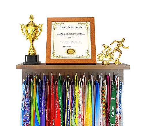 Qktxktzy Medal Hanger Trophy Shelf Display Sport Awards. Sturdy Medal Holders for Gymnastics Basketball Soccer Honors Wall Mount Rack, Perfect All-in-1 Wood Shelf by 25 Pcs Steel Hooks. (Brown) - Image 1
