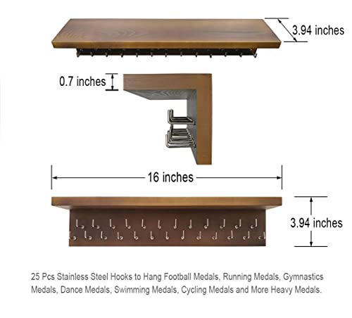 Qktxktzy Medal Hanger Trophy Shelf Display Sport Awards. Sturdy Medal Holders for Gymnastics Basketball Soccer Honors Wall Mount Rack, Perfect All-in-1 Wood Shelf by 25 Pcs Steel Hooks. (Brown) - Image 3
