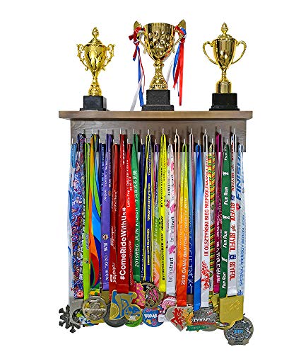 Qktxktzy Medal Hanger Trophy Shelf Display Sport Awards. Sturdy Medal Holders for Gymnastics Basketball Soccer Honors Wall Mount Rack, Perfect All-in-1 Wood Shelf by 25 Pcs Steel Hooks. (Brown) - Image 2