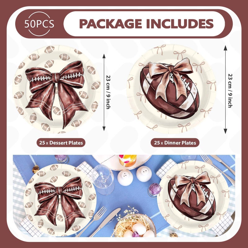Greencian 50Pcs Football Party Decorations 9" Heavy Duty Sports Birthday Paper Plates Bow Tie Birthday Dessert Plates for Girls Baby Football Gender Reveal Baby Shower Rugby Sport Touchdowns Party Supplies - Image 2