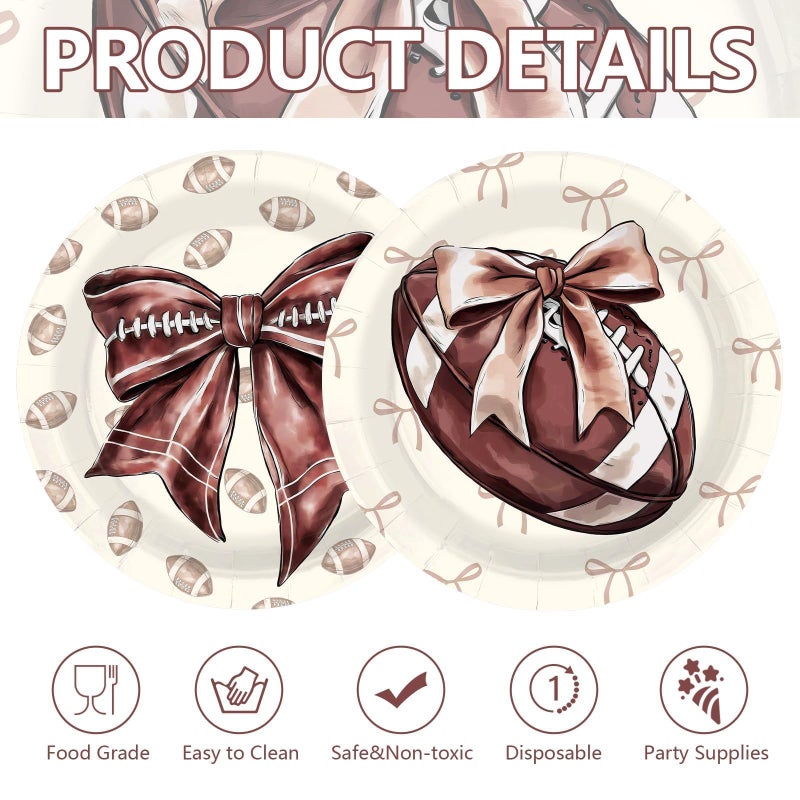 Greencian 50Pcs Football Party Decorations 9" Heavy Duty Sports Birthday Paper Plates Bow Tie Birthday Dessert Plates for Girls Baby Football Gender Reveal Baby Shower Rugby Sport Touchdowns Party Supplies - Image 4