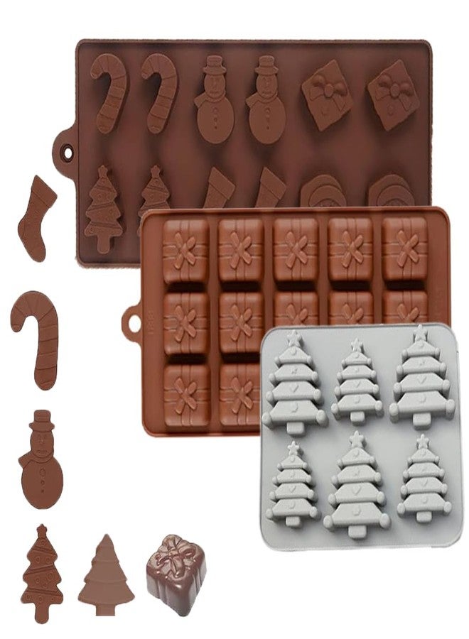 MoldBerry Christmas Themed Silicone Chocolate Mold 3PCS 12-Cavity Mix Shape Snow Man,Christmas Tree,Gift Box, Xmas Gift, Christmas Stocking, Candy Cane and Santa Head Shape Non-Stick Mold - Image 1