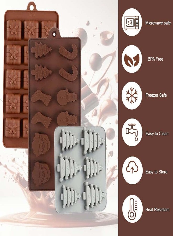 MoldBerry Christmas Themed Silicone Chocolate Mold 3PCS 12-Cavity Mix Shape Snow Man,Christmas Tree,Gift Box, Xmas Gift, Christmas Stocking, Candy Cane and Santa Head Shape Non-Stick Mold - Image 2