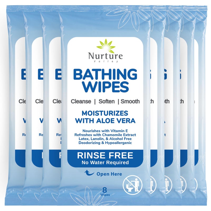 Nurture Valley Nurture Rinse Free Bathing Wipes for Adults w/Aloe | Waterless Cleansing for sensitive skin | Disposable Adult Body Bath Wet Wipe for Disabled Bedridden | 64 wipes - Image 1