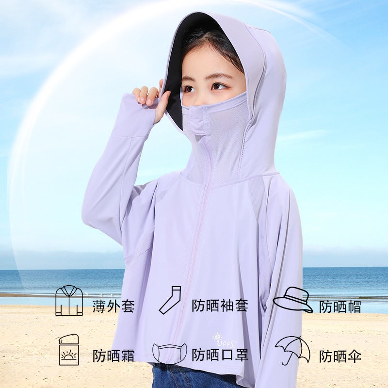 Children'S Sunscreen Clothing Summer Thin Sunscreen Clothing For Girls And Boys Ice Silk Breathable Uv Protection Solid Color Hat Brim For Baby Girls - Image 5