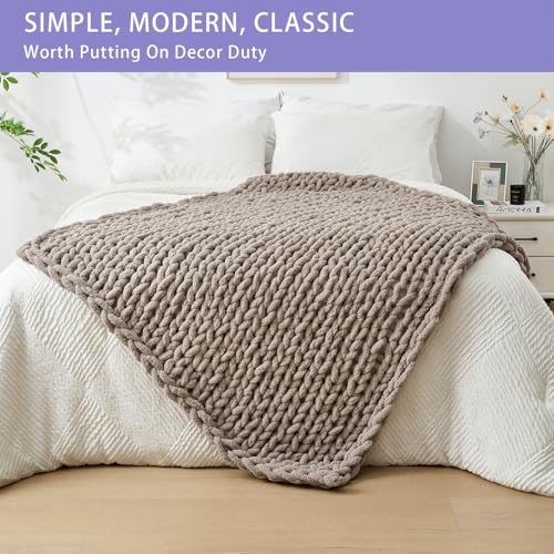 Bigacogo Chunky Knit Throw Blanket for Couch, 40x60 inches, 100% Hand Knitted with Thick Jumbo Chenille Yarn, Cozy Soft Large Rope Knot Cable Crochet Blankets for Sofa Bed Living Room, Taupe - Image 3
