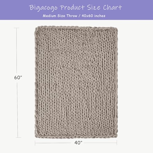 Bigacogo Chunky Knit Throw Blanket for Couch, 40x60 inches, 100% Hand Knitted with Thick Jumbo Chenille Yarn, Cozy Soft Large Rope Knot Cable Crochet Blankets for Sofa Bed Living Room, Taupe - Image 2