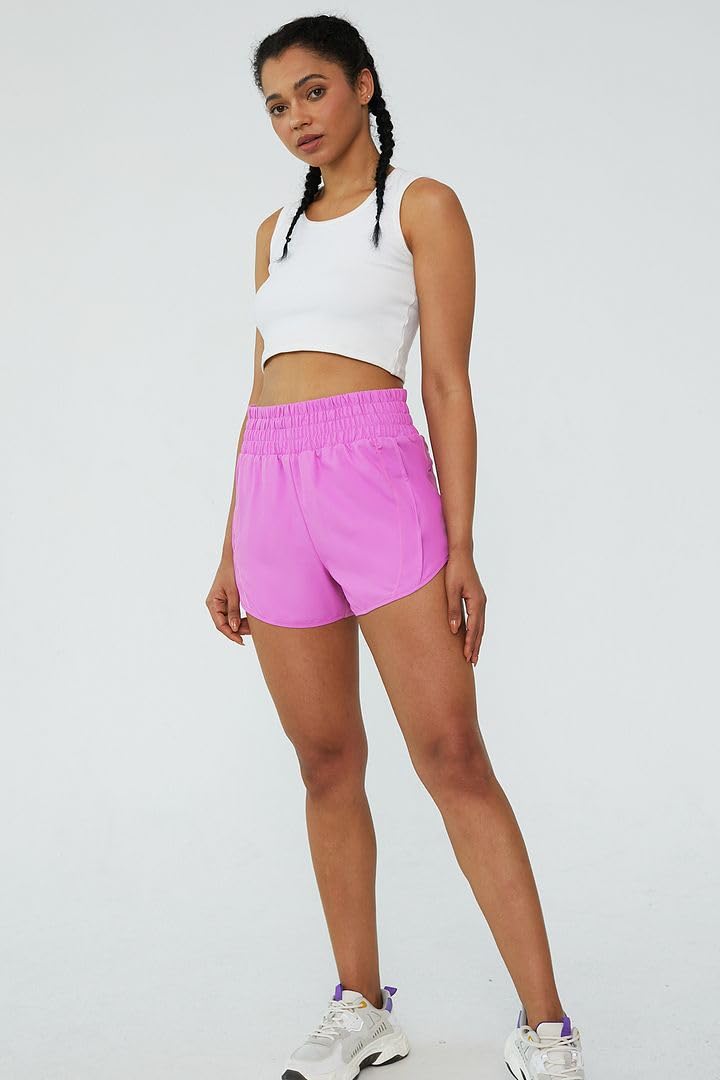 Tough Mode Pink Shorts for Women, Women's Athletic Shorts, High Waisted Running Shorts Pockets Sporty Shorts Gym Elastic Workout Short-M - Image 3
