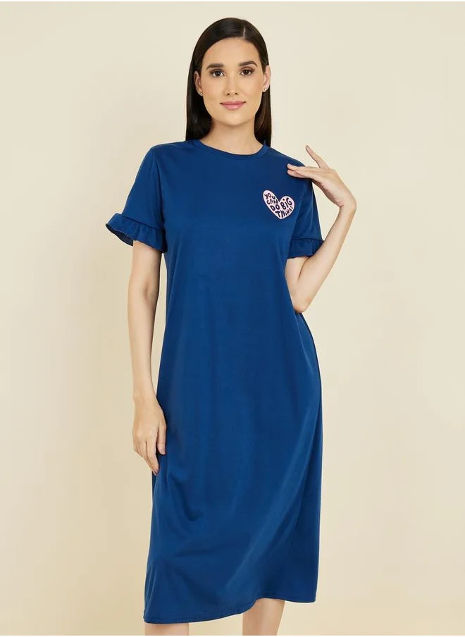 ستايلي Styli Slogan Print Ruffle Sleeve Sleep T-Shirt Dress