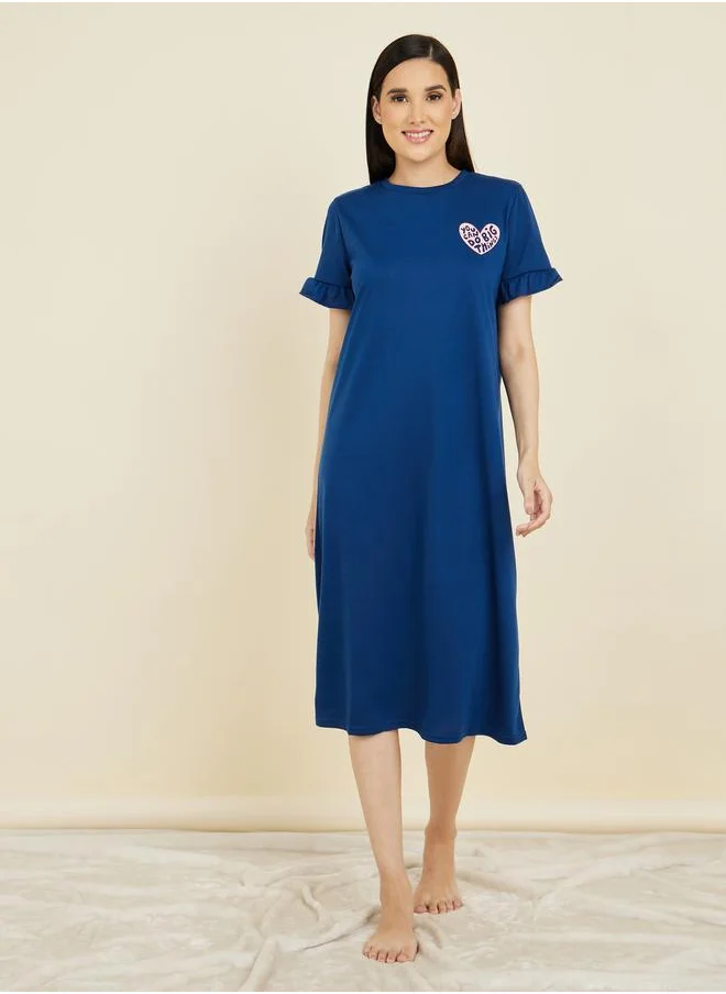 ستايلي Styli Slogan Print Ruffle Sleeve Sleep T-Shirt Dress