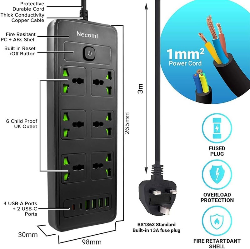 نكومي مقبس طاقة عالمي Necomi 12 في 1 مع USB C، سلك تمديد مع 6 مقابس تيار متردد عريضة و4 منافذ USB، 110-240 فولت، ملحق قابس دولي قابل للتثبيت على الحائط للسفر والعمل في الخارج (مفتاح واحد/3 متر) - Image 2