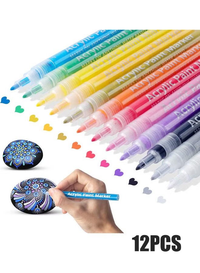 Ohuhu 12 Colours Acrylic Marker Pen, Stackable Colors, Premium Waterproof Permanent Paint, for Rock Painting, DIY Craft Projects, Ceramic, Glass, Canvas, Mug  - Image 1