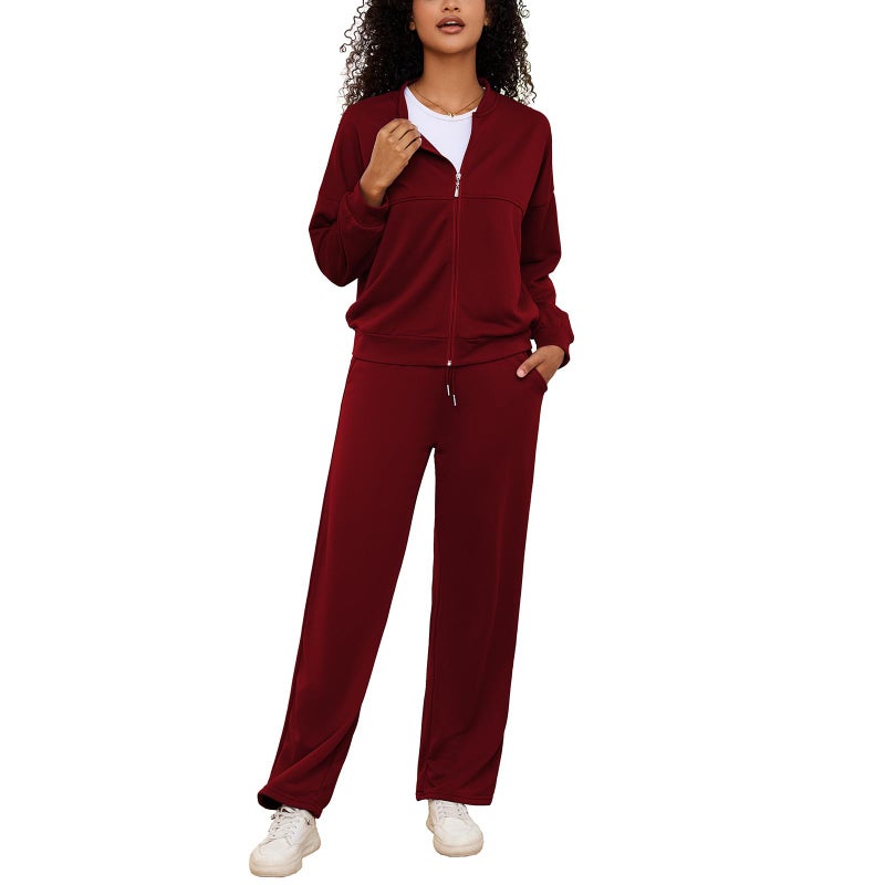 PINSV Women's 2 Piece Outfits Sweatsuits Full Zip Sweatshirts Wide Leg Sweatpant Set Tracksuit Burgundy S - Image 2