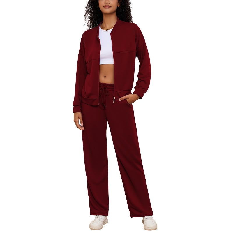 PINSV Women's 2 Piece Outfits Sweatsuits Full Zip Sweatshirts Wide Leg Sweatpant Set Tracksuit Burgundy S - Image 3
